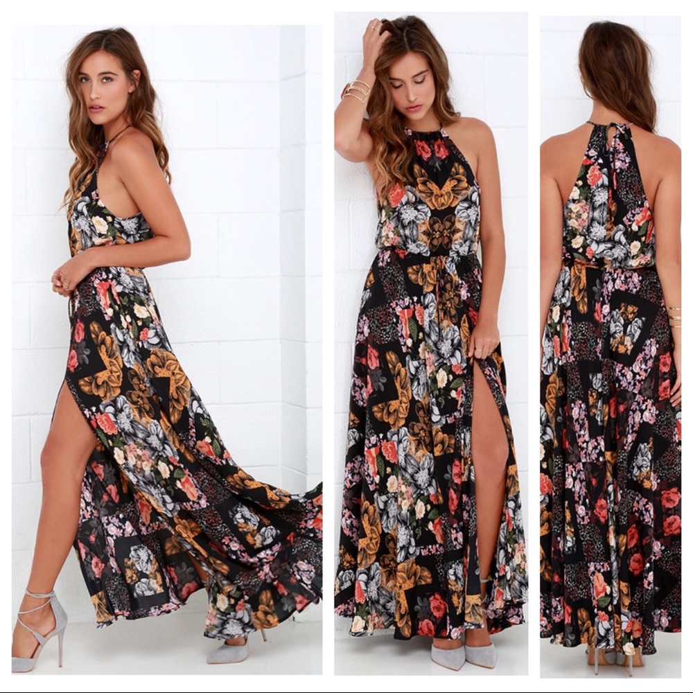 Lulu's Butterfly's Ball Black Floral Print Maxi